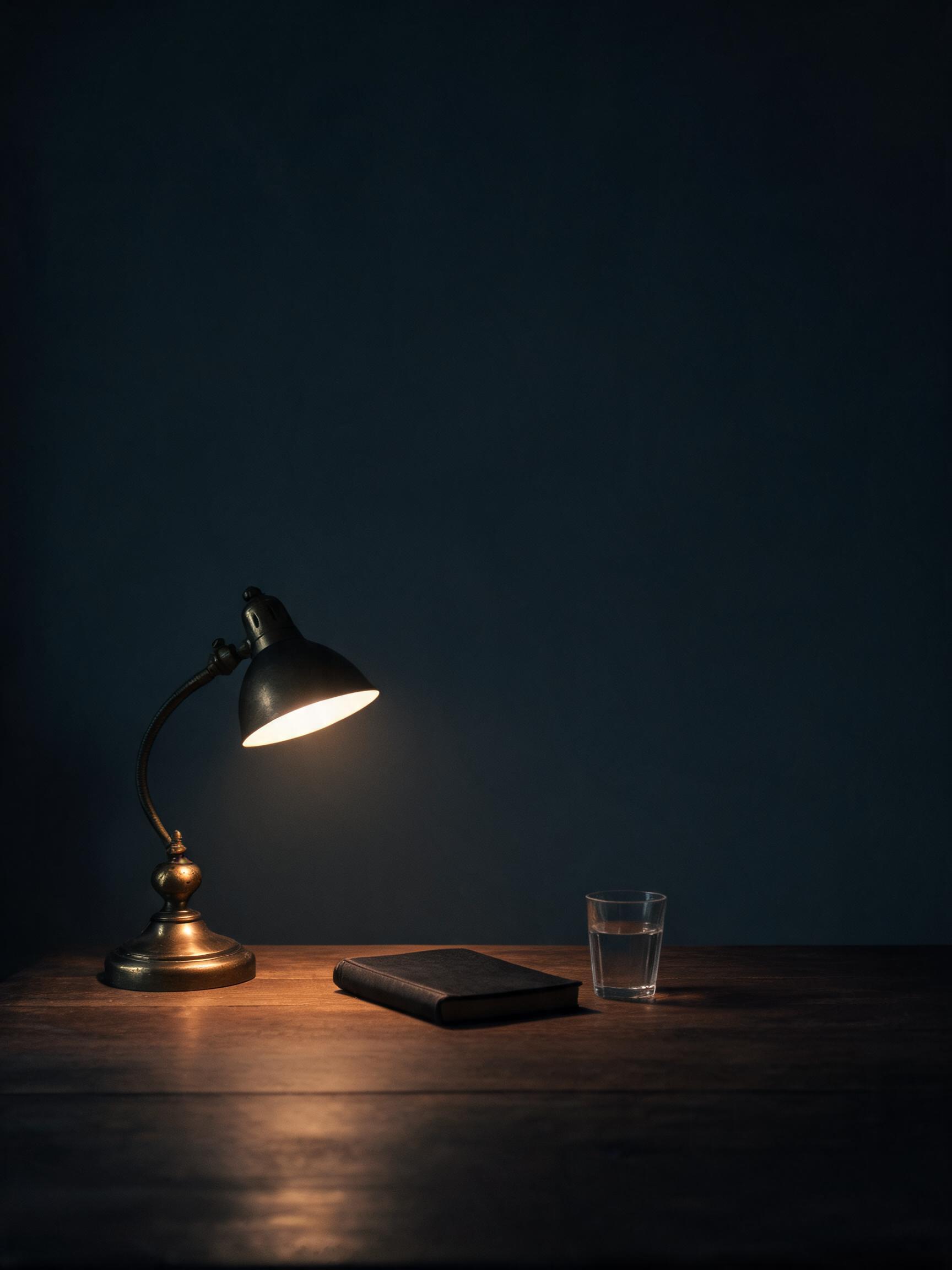 A softly lit desk lamp from a Slow Glance illustrated story
